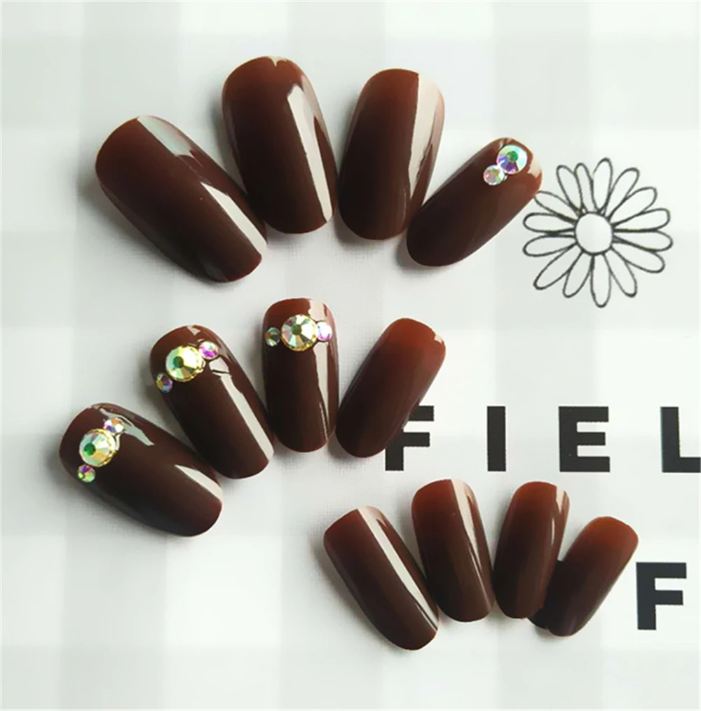 Nusx 24pcs set False Nail Acrylic Red Inlaid Diamonds Fashion Short Round Head Full Cover Fake 4