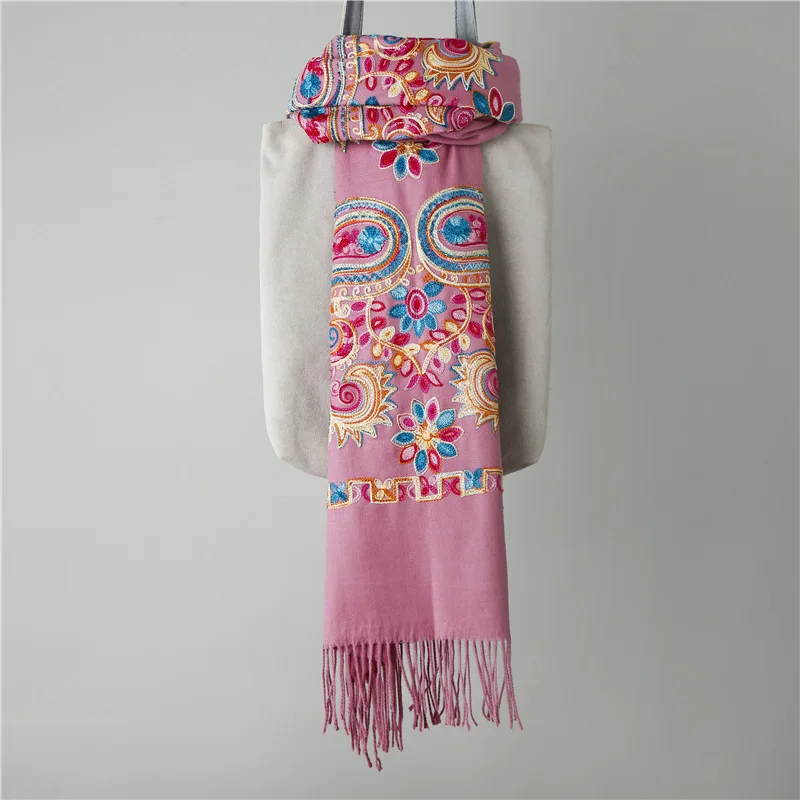 Фирменная новинка, Женский кашемировый шарф Пашмина с вышитыми цветами, зимний теплый шарф 200*70 см, шарф с кистями, шаль большого размера, модные шали, шарфы
