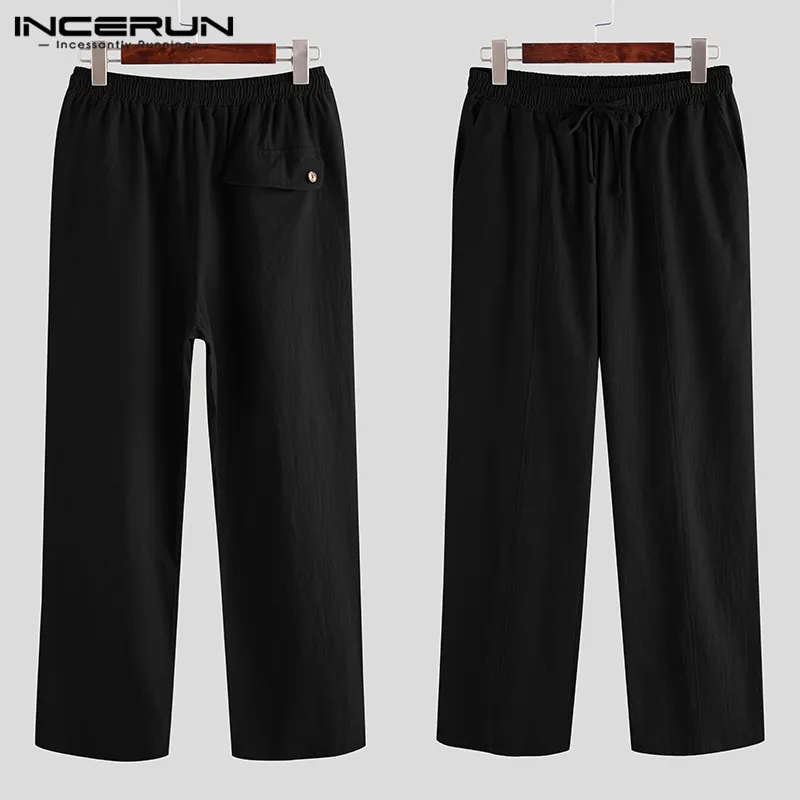 INCERUN Men Solid Color Elastic Waist Cotton Linen Cargo Trouser Fashion Casual Retro Joggers Mens Straight Leg Pants Streetwear