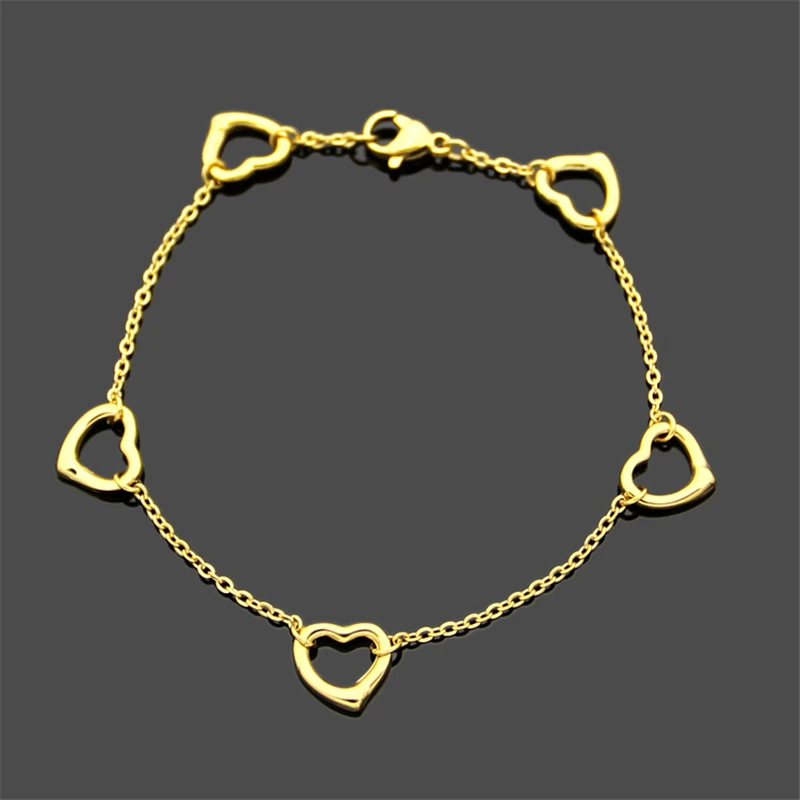 

5 Heart Charm Titanium Stainless Steel 14k/Rose/White Gold Plated Women Bracelet Female Love Hand Bangle Elegant OL Simple Chain