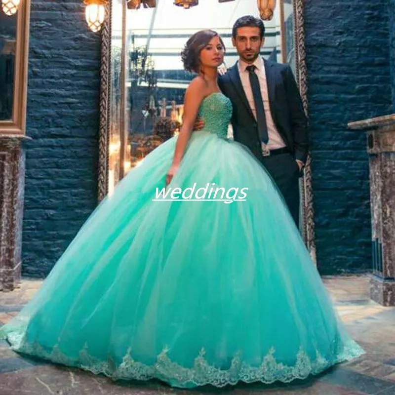 

Mint Green Ball Gown 2018 vestidos Chic Sweetheart Long Formal Gowns with Pearls vestidos de Quinceanera mother of bride dress