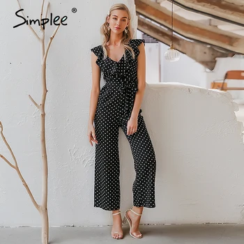 

Simplee Sexy v neck dot print women jumpsuit Elegant ruffle sleeveless chiffon female long romper Streetwear sash lady overalls