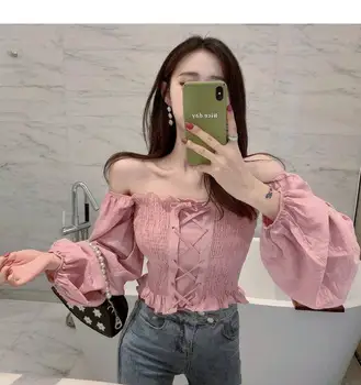 

Off Shoulder Sexy Women Blouses Solid Slash Neck Bandage 2020 Spring Short Blusas Mujer Puff Sleeve Shirts G1283