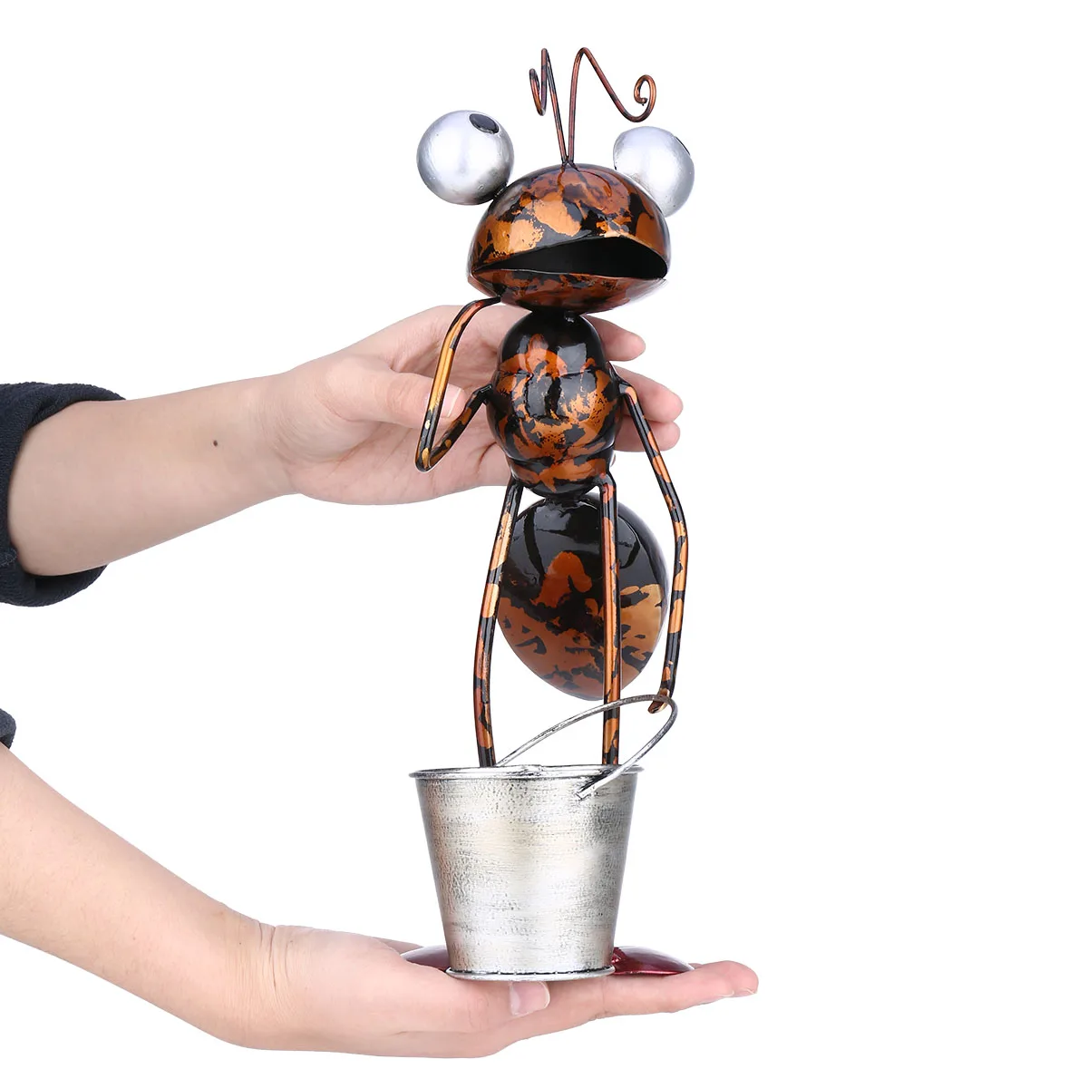 Tooarts 13inch Ant Sculpture Iron Cartoon Ant With Removable Bucket Garden or Desk Decor Succulent Flower Pot Trinket Storage