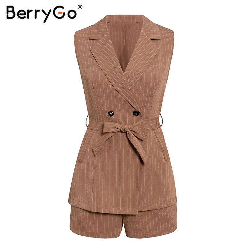 Orange BerryGo, Женский комплект 2 шт. без рукавов, Блейзер, жилет, полосатый пояс, женский костюм, наряды, весенние летние шорты, костюмы из двух предметов - Цвет: Orange