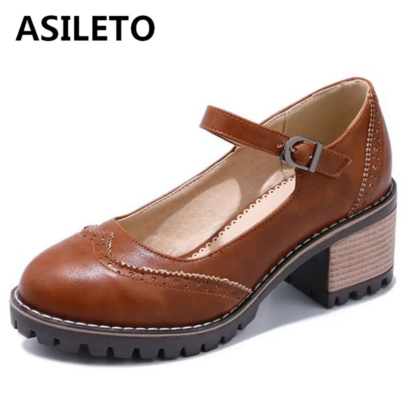 

ASILETO Mary Janes 6cm Chunky heels Brogue Buckle Pumps Vintage Mid heels Carved Ladies shoes Plus size 42 43 Retro D006