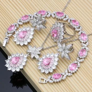 

925 Silver Custom Jewelry Sets Natural Pink Crystal For Women Earrings/Pendant/Rings/Bracelet/Necklace Set Dropshipping