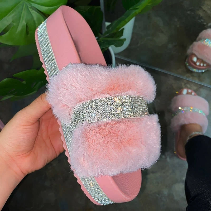 2020 Bling Women's Plush Slippers Fur Slides Rhinestones Outdoor Flat Women Platform Sandals Stylish Casual Shoes Plus Size 43