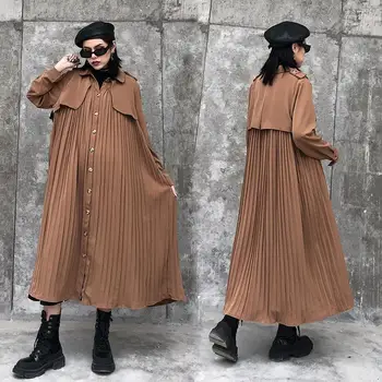 

Women's solid color large size pleated dress spring and summer long sleeve lapel loose long dress