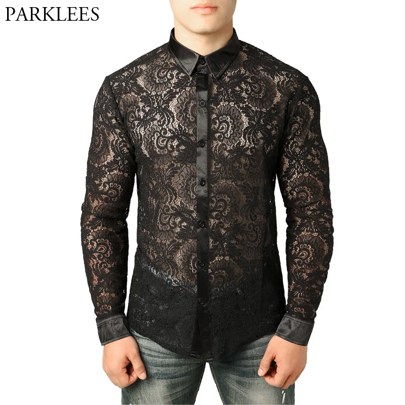 Shirts Chemise Clubwear Lace Long-Sleeve Party Transparent See-Through Slim-Fit Mens