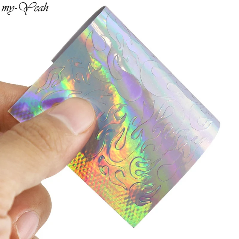 8 PCS Holographic Fire Flame Nail Vinyls Stencil Hollow Stickers Fires On Manicure Stencil Stickers Nail Art Decoration
