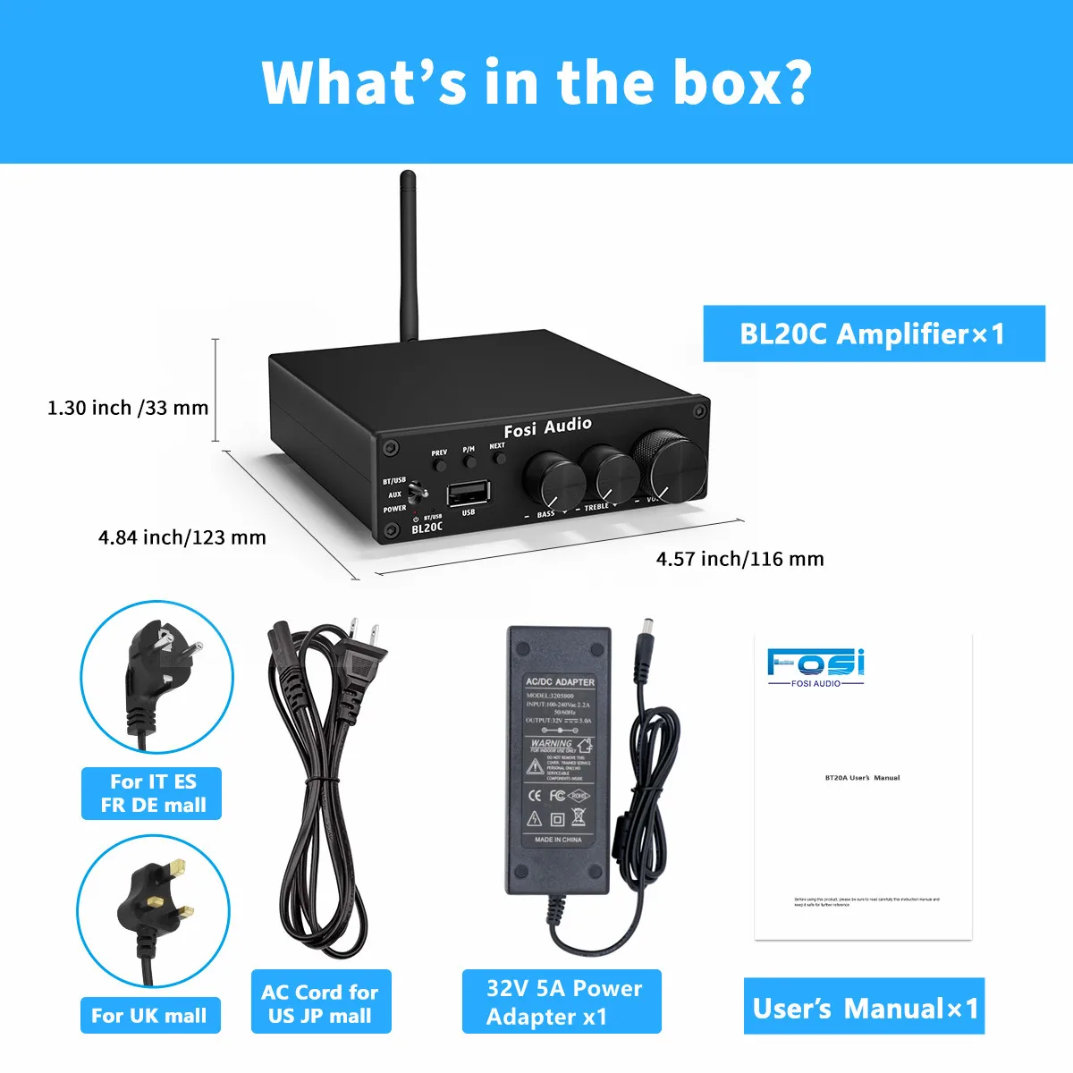 Fosi Audio BL20C With 32V Power Supply Bluetooth 5.0 2.1 HiFi Audio Receiver Amplifier Mini Class D Amp U-Disk Player 160W x2 