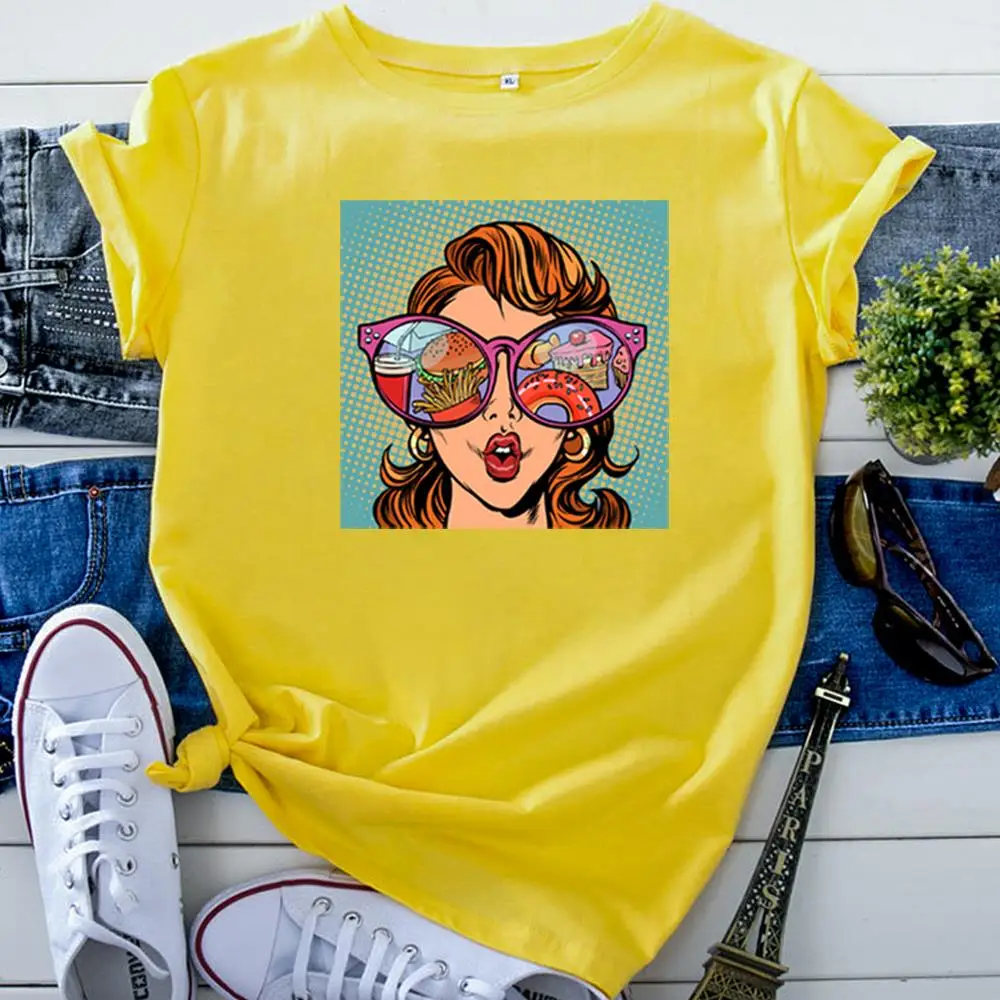 T-Shirt Pop Style Glasses Girl Funny Printing T Shirts For Woman Oversized Fashion Tee Shirts Casual Kawaii Women'S T-Shirts