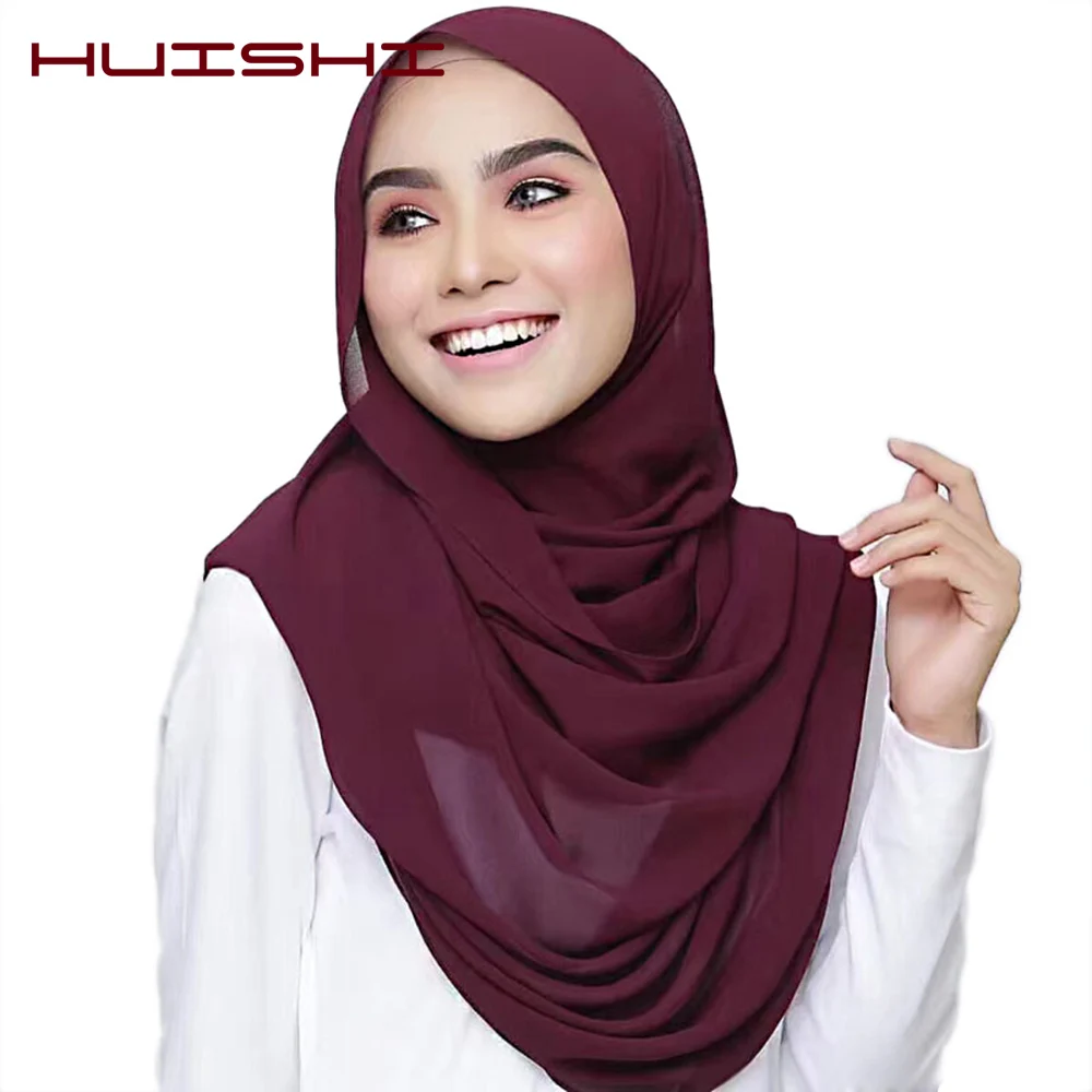 Huishi Muslim Scarf Plain Bubble Chiffon Hijab Scarf Women Solid Color