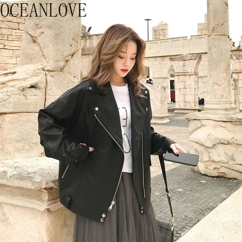 

OCEANLOVE Harajuku Zipper Solid Women Jacket Outwear Chic Korean Fahsion V Neck Autumn Leather Jacket 2019 Retro Tops 12731