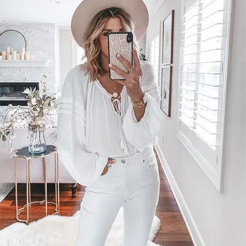 

Elegant Solid White Women Shirts Long Sleeves Ruffle Puff Sleeve Tops 2020 Blouses Female high street Casual Lady Chic