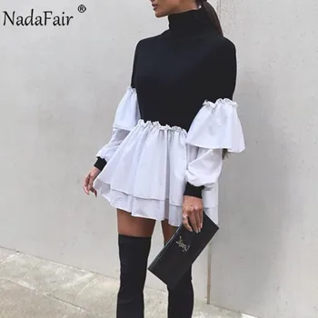 Nadafair פאף שרוול סקסי מיני שמלת נשים מקרית המפלגה צלעות חולצת טלאי 2021 אביב ארוך שרוול גלישת אונליין אישה שמלה