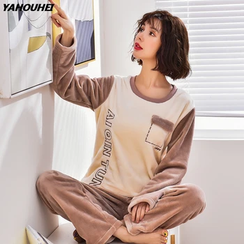 

2019 Winter Thick Warm Flannel Pajama Sets For Women Long Sleeve Coral Velvet Pyjama Sleepwear Pijama Mujer Lounge Home Clothing