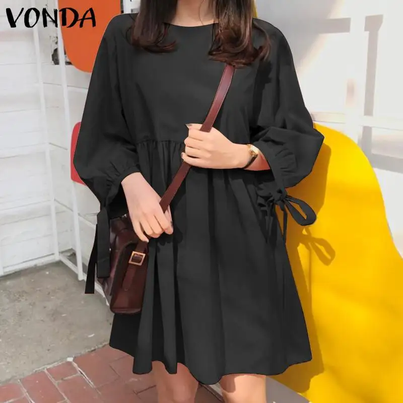 

Bohemian Mini Dress Women Holiday Sundress VONDA Vintage 2/3 Sleeve Solid Pleated Party Dress Plus Size Vestido S-5XL Robe Femme