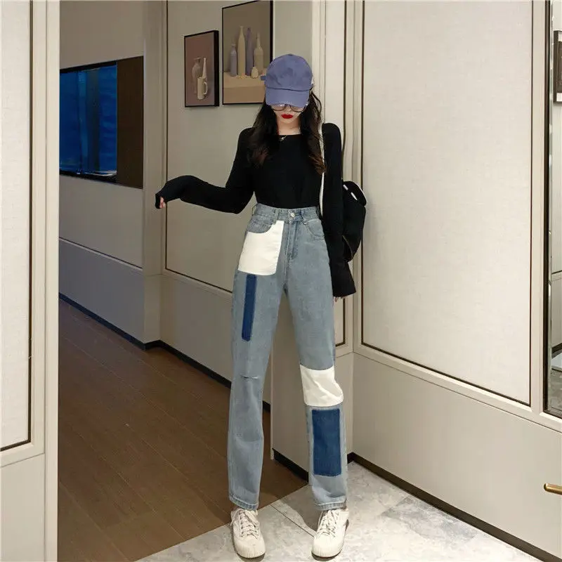 Ladies jeans mother jeans high waist jeans ladies high elastic large size stretch jeans ladies washed denim daddy pants ladies new high waist jeans korean style loose harem pants radish pants elastic waist daddy pants long pants blue jeans women