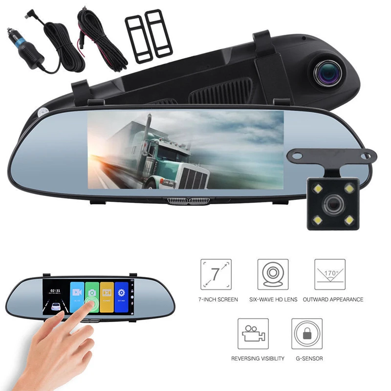 

Driving recorder dual lens HD 7 inch large screen rearview mirror car with reversing image dvr