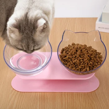 

Cat Double Bowl Cat Bowl Dog Bowl Transparent AS Material Non-slip Food Bowl With Protection Cervical Transparent Cat