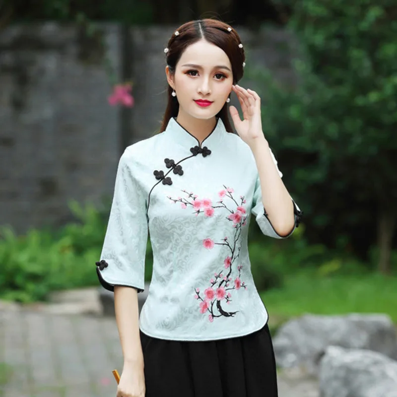 SHENG COCO цветы сливы блузка Чонсам белая вышитая Женская жаккардовая Ципао из хлопка блузка традиционная китайская блузка 3XL