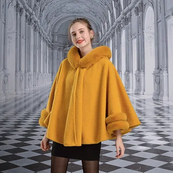 

1306 European and American Lamb Fur Cape Autumn and Winter Imitation Rex Rabbit Fur Collar Shawl Faux Fur Coat