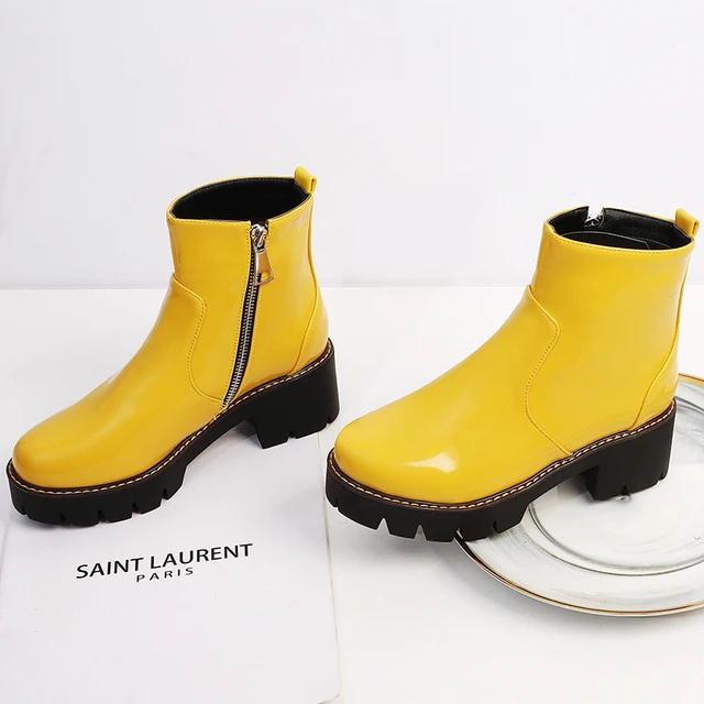 Botines de charol con tacón grueso para mujer, calzado Punk con plataforma,  color morado, amarillo y negro, 39|Botas hasta el tobillo| - AliExpress