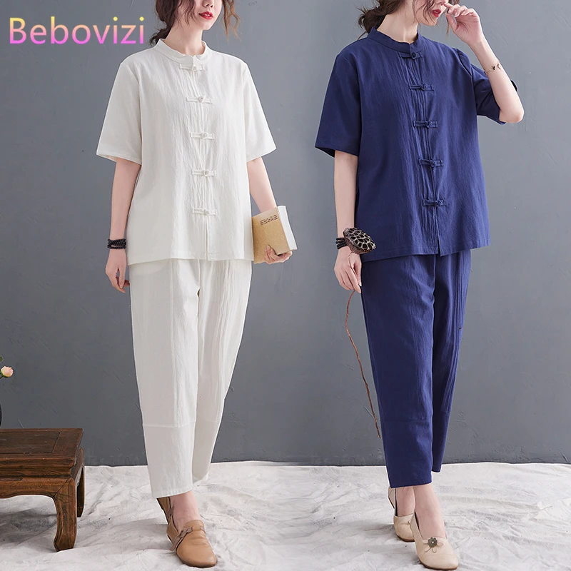 Cotton and Linen White Blue Hanfu Sets Kung Fu Chinese Suit Women Traditional Tang Han Tops + Long Pants Tea Art Yoga Clothes |