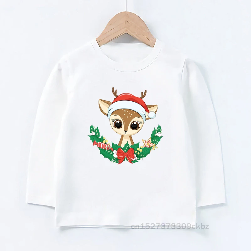 

Merry Christmas Deer Cartoon White Kids Long Sleeve T Shirt Children Summer Girl Gift Present Clothes Boy Cute Animal Tops Tee