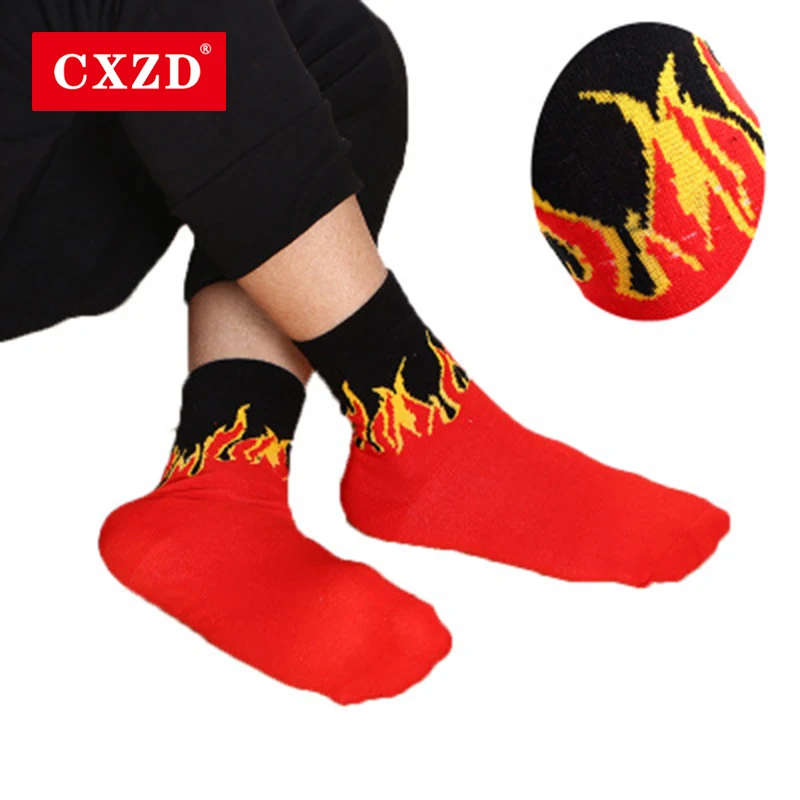 

CXZD Men Fashion Hip Hop Hit Color On Fire Crew Socks Red Flame Blaze Power Torch Hot Warmth Street Skateboard Cotton Long Socks