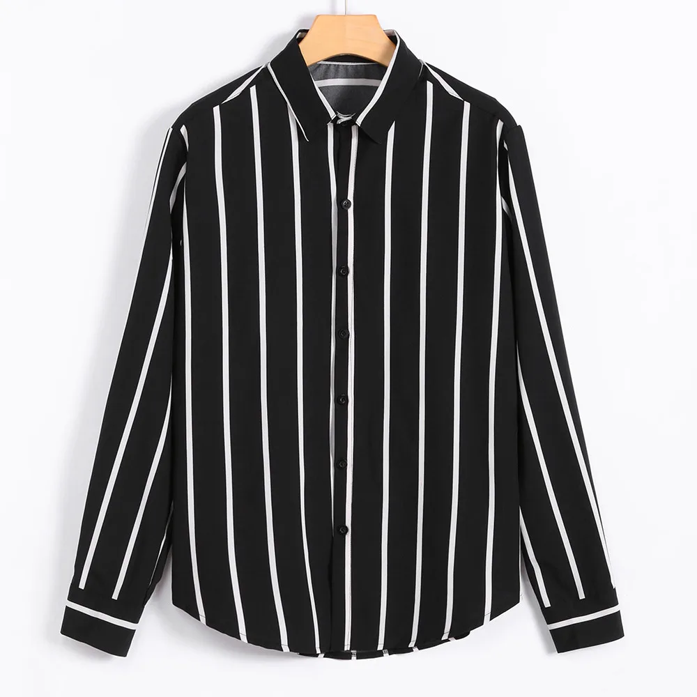 Модные мужские Рубашки повседневные топы в черно-белую полоску с длинными рукавами и принтом Свободная блузка Прямая поставка 20 Camisa de los hombres - Цвет: Black