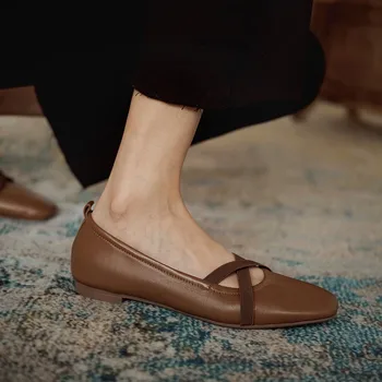 

kmeioo classic genuine leather soft shoes woman square toe flat shoe female shallow sheepskin ballet flats for casual