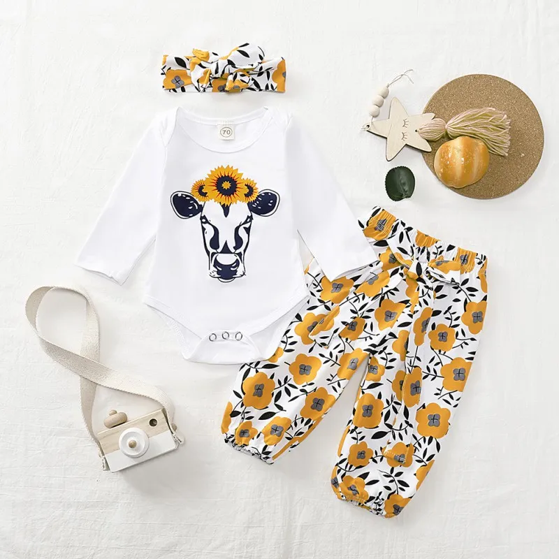 

Fashion Baby Girl Comfortable Long Sleeve Rompers Tops Floral Trousers Headband Outfits Clothes For Autumn Spring Rompers