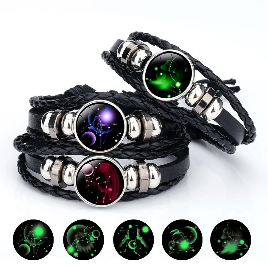 

12 zodiac Glow in the dark Sign Bracelets For Women Men constellation Snap Button charm Leather Rope Bangle Fashion Jewelry
