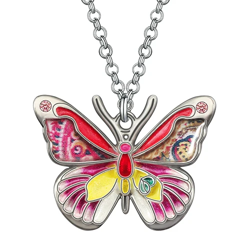 Bonsny Enamel Crystal Alloy Floral Insect Butterfly Necklace Pendant Chain Fashion Party Jewelry For Women Girl Teens Charm Gift red