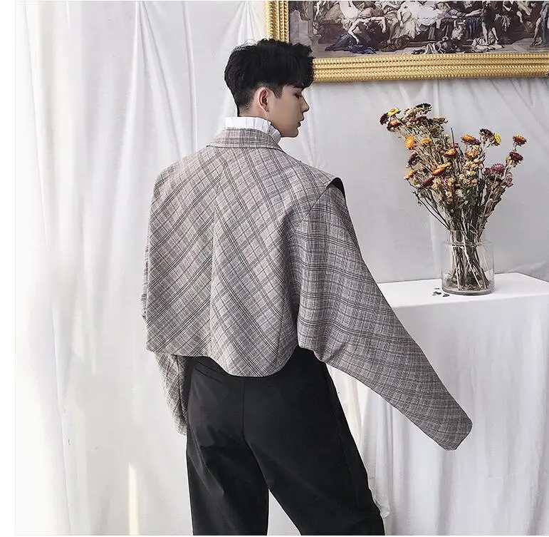 SHENGYUJIN M~ 2XL! Осенняя дизайнерская Ретро решетка силуэт шикарный маленький костюм уличная мода Мужская короткая куртка, костюм