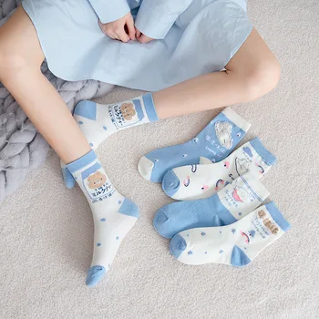 

Women Sock Cartoon Woman Socks Womans Ice Cream Crew Bear Casual Cotton Sox Girls Spring Autumn Trendy Japanese Blue Skarpetki