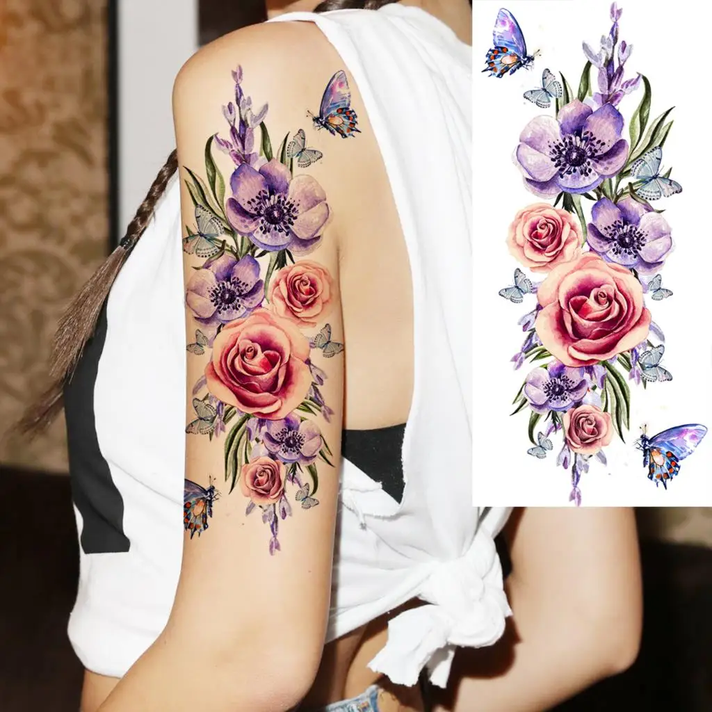 Tattoo Sticker Temporary Tattoos Watercolor Lily Flower Butterfly Temporary Tattoos for Women Adult Girl Peony Rose Anchor Fake Tattoo Arm Waterproof Tatoo Decal