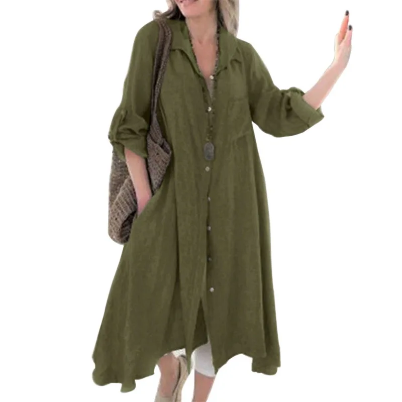Женская Повседневная Свободная длинная рубашка, платье Vestidos Robe, однотонное женское платье-рубашка, хлопковое льняное платье с длинным рукавом на осень и весну, Vestidos - Цвет: green
