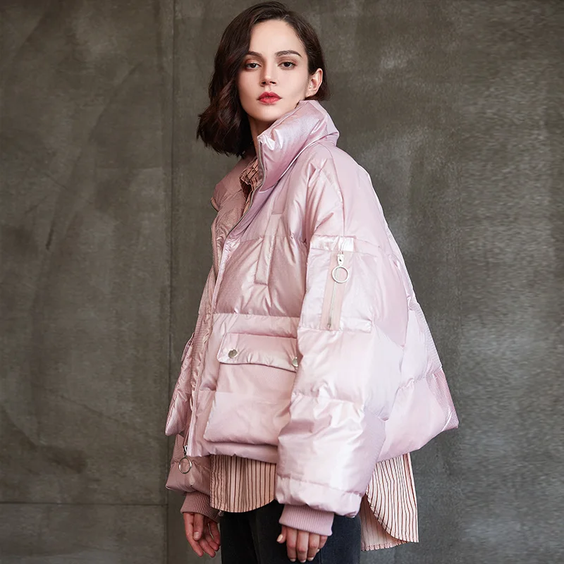 

Winter Women Bread Short White Duck Down Parkas Stand Collar Female Windproof Warm Thick Coat Zipper Snow Loose Outwear
