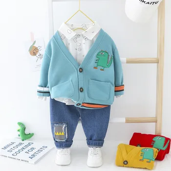 

Spring Baby Boys Cartoon Lapel Collar Shirt Tops + Cardigans Coat + Denim Jeans Trousers Kids 3Pcs Suits Casual Clothing Sets