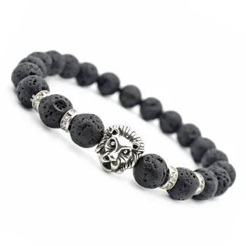 

European and American popular jewelry 8mm volcanic stone round bead drill lion head women bracelet stone