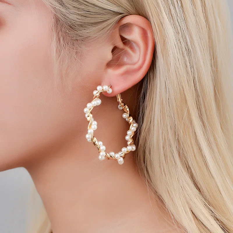 New Fashion Large Pearl Hoop Earrings for Women Female Exaggerated Big Circle Brincos Vintage Earrings Jewelry Party Gifts