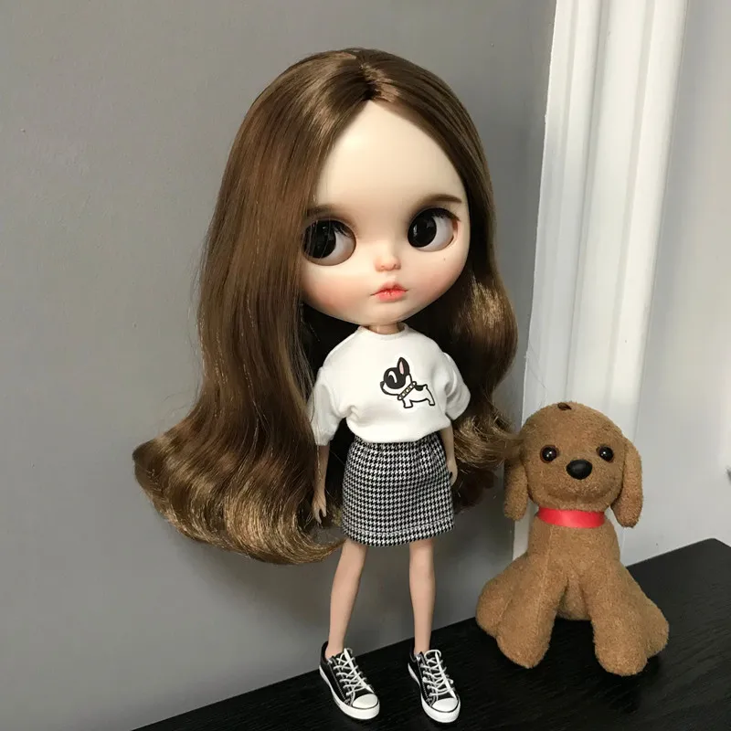 2pcs/set Blyth Doll Clothes Black T-shirt, plaid skirt for Blyth, Azone OB24 OB23 1/6 doll accessories