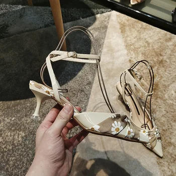 

kmeioo elegant Flora drees shoes woman ankle strap kitten heels pointed toe kittens women back strap med heels