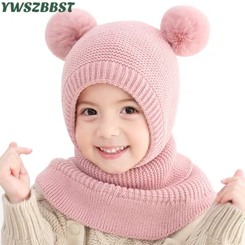 

New Fashion Knitted Baby Hats with pompom balls Autumn Winter Boys Girls Kids Hat Baby Cap Crochet Baby Hat with Hooded Scarf