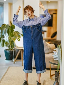 

Female new spring original design fashion stitching collar long -sleeve striped contrast jeans wide mouth casual rompers pants
