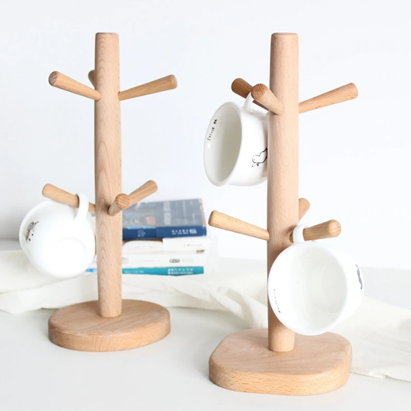 

Tree Shape Wood Coffee Tea Cup Storage Holder Stand Home Kitchen Mug Hanging Display Rack Drinkware Shelf with 6 Hooks